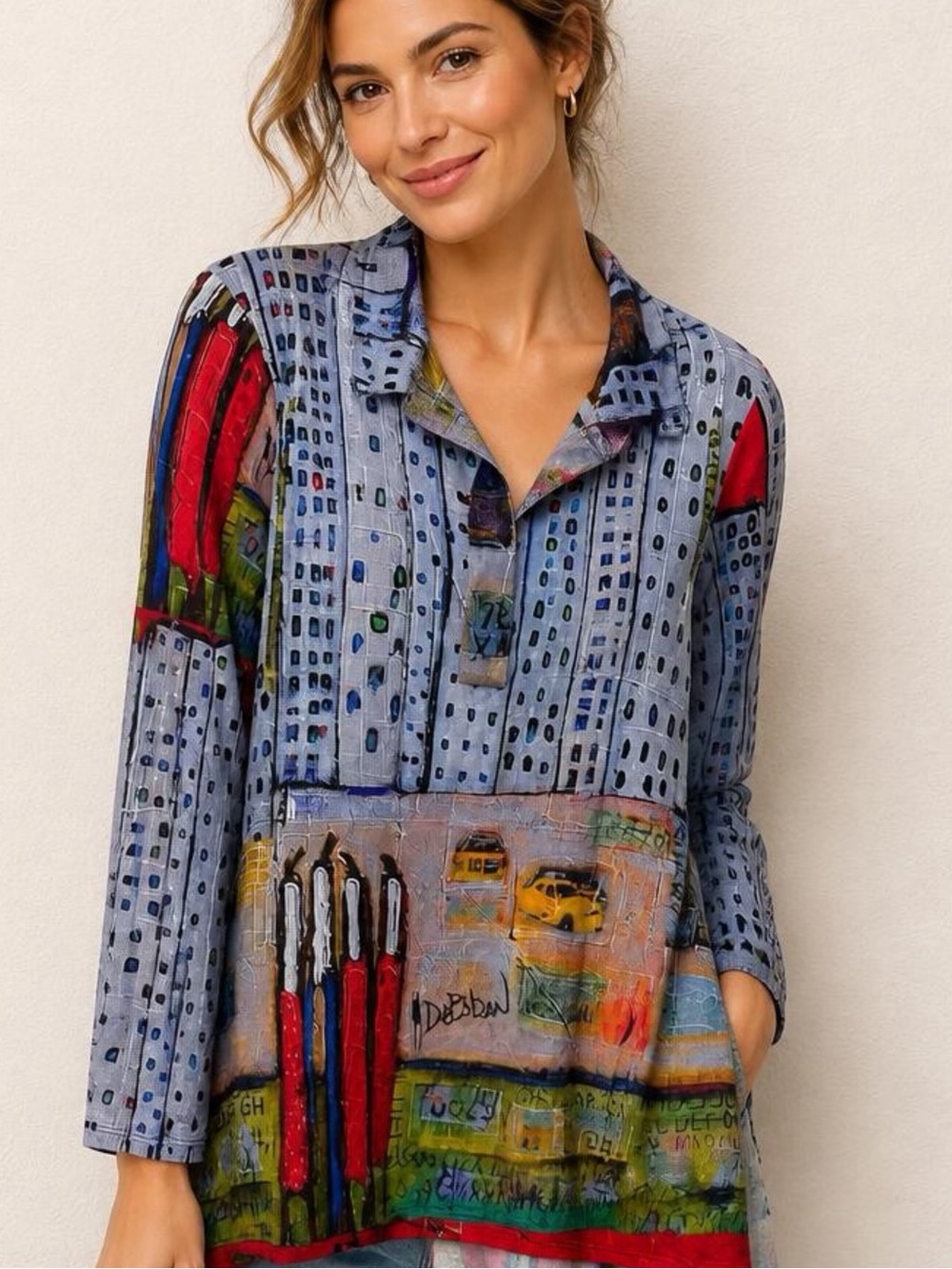 UBU Blue Multi Abstract City-Print Long Sleeve Tunic pocket tie cowl neck